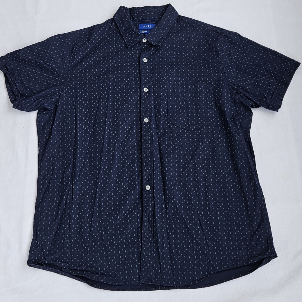 APT.9 Men’s Slim Fit Short Sleeve Button Down Shirt Navy Pattern XL
